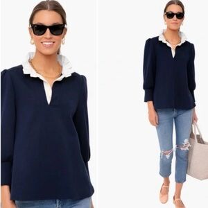 Tuckernuck Pomander Place Blue and White Ruffled Bib Collar Blouse